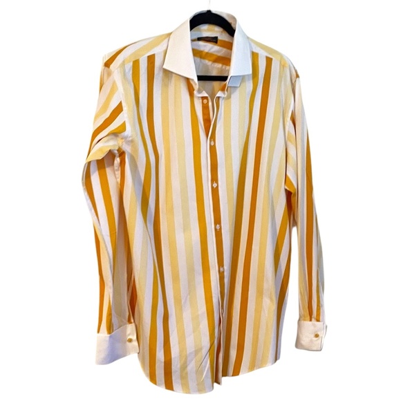 NEW STEVEN LAND FRENCH MEN'S YELLOW MULTI STRIPED LONG SLEEVE DRESS SHIRT, SZ 17 - Picture 2 of 11